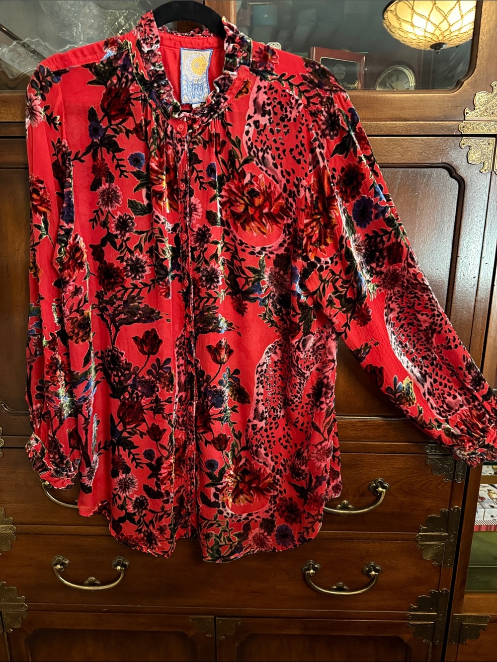 Johnny Was Red Floral Velvet Button-Front Blouse
